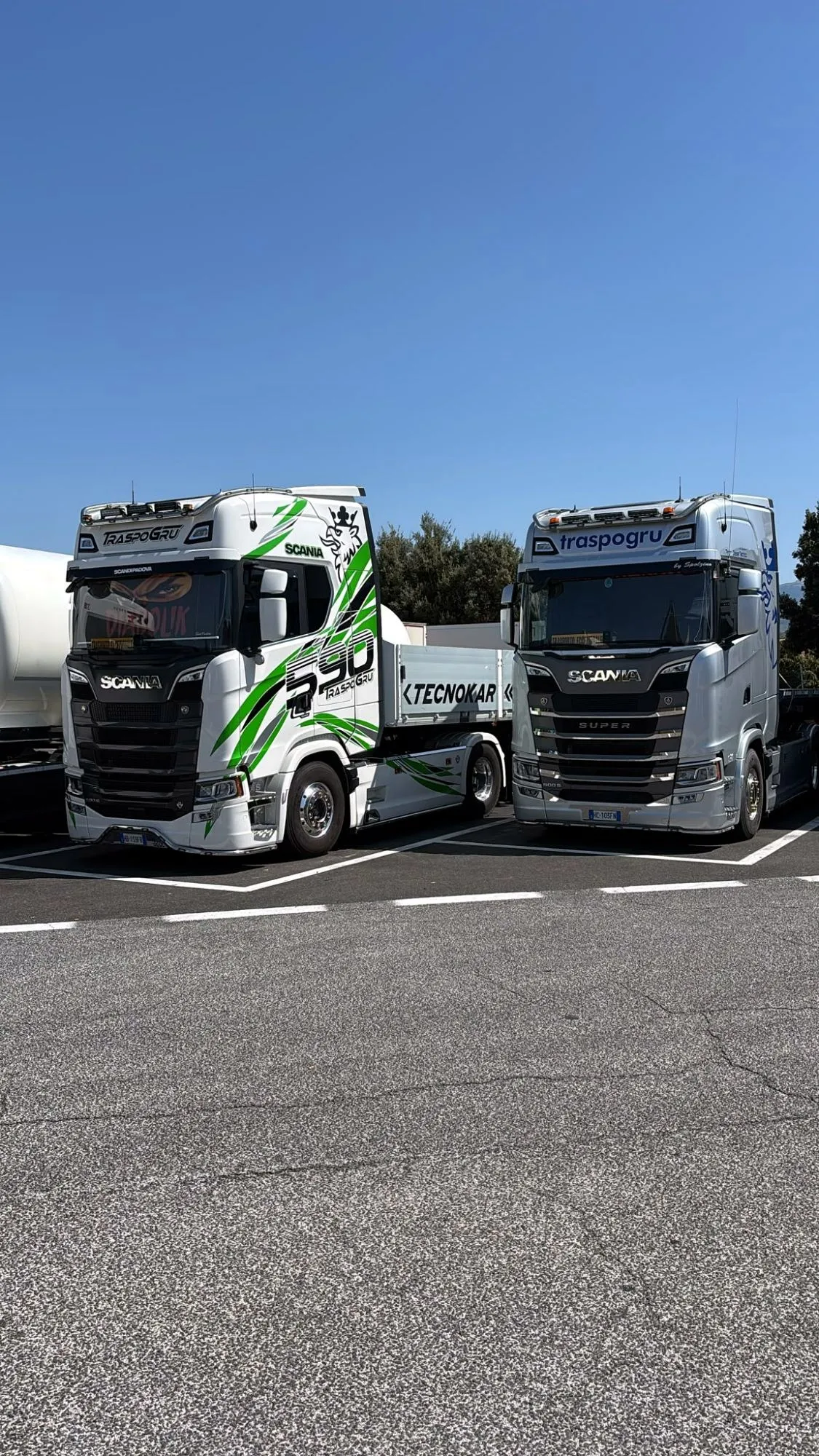 Scania S 590 bianco e verde e Scania S 500 grigio affiancati in un parcheggio